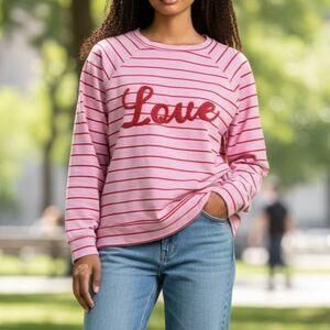 Coquette Love Chenille Graphic Knit Top Pink Red Stripe Raglan Soft S